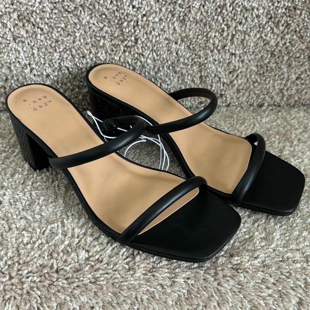 a .new day Black Open Square Toe Block Heels Memory Foam 8